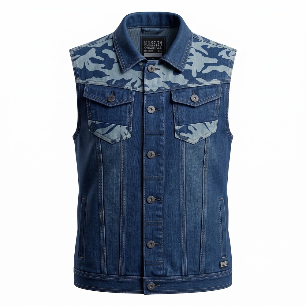 M.O. Seven Originals Denim Vest Mens 2XL Blue Excellent Camo Yoke Trucker Jacket